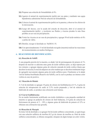 5.2. Preparar una solución de formaldehido al 4%.
5.3. Agarrar al animal de experimentación (pollo) por sus patas y mediante una aguja
hipodérmica administrar 8ml de solución de formaldehido.
5.4. Colocar al animal de experimentación (pollo) en la panema y observar los efectos de
la intoxicación.
5.5. Luego del deceso, con la ayuda del estuche de disección, abrir el al animal de
experimentación (pollo) y recolectar sus fluidos y vísceras picadas lo más finas
posibles en un vaso de precipitación.
5.6. Verter las vísceras en un vaso de precipitación y agregar 50 ml ácido tartárico al 4%
y perlas de vidrio.
5.7. Destilar, recoger el destilado en NaOH 0.1 N.
5.8. Con aproximadamente 15 ml del destilado recogido (muestra) realizar las reacciones
de reconocimientos en medios biológicos.
6. REACCIONES DE IDENTIFICACIÓN:
6.1. Reacción de Schiff:
A una pequeña porción de la muestra, se añade 1ml de permanganato de potasio al 1%
después de mezclar se adiciona unas gotas de ácido sulfúrico puro, se deja reposar por
tres minutos y agregan algunas gotas de solución saturada de ácido oxálico (hasta que
decolore la mezcla); la mezcla adquiere un color madera que se decolora totalmente luego
de agregarle nuevamente algunas gotas de ácido sulfúrico puro. Finalmente se le añade
1ml de fushina bisulfatada (Reactivo de Schiff), con lo cual se produce un intenso color
violeta en caso de positivo.
6.2 Reacción de Rimini
A 5 ml de destilado se agregan 10 gotas de cloruro de fenilhidracina al 4 %, 4 gotas de
solución de nitroprusiato de sodio al 2.5% recién preparado y 1ml de solución de
hidróxido de sodio, se produce una coloración azul intensa.
6.3 Con la Fenilhidracina
En un medio fuertemente acidificado con ácido clorhídrico a una pequeña cantidad de
muestra se agrega un pedacito de cloruro de fenil hidracina, 2-4 gotas de solución de
ferricianuro de potasio al 5 – 10% y algunas gotas de hidróxido de potasio al 12% se
obtienen una coloración rojo grosella.
6.4 Reacción de Marquis
Se toma 1ml de destilado y se agregan 5ml de ácido sulfúrico concentrado, se agita luego
con una solución sulfúrica de morfina (0.2 gr de cloruro de morfina en 10ml de ácido
sulfúrico concentrado), se obtiene enseguida o después de algún tiempo un color violeta.
 