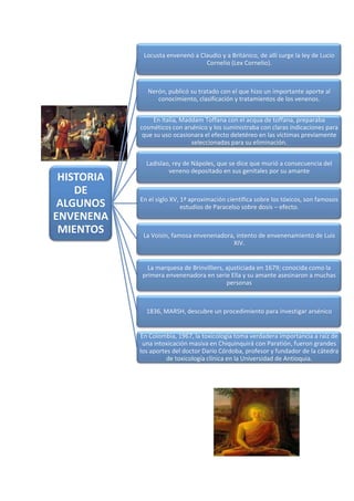 Locusta envenenó a Claudio y a Británico, de allí surge la ley de Lucio
Cornelio (Lex Cornelio).

Nerón, publicó su tratado con el que hizo un importante aporte al
conocimiento, clasificación y tratamientos de los venenos.
En Italia, Maddam Toffana con el acqua de toffana, preparaba
cosméticos con arsénico y los suministraba con claras indicaciones para
que su uso ocasionara el efecto deletéreo en las víctimas previamente
seleccionadas para su eliminación.

HISTORIA
DE
ALGUNOS
ENVENENA
MIENTOS

Ladislao, rey de Nápoles, que se dice que murió a consecuencia del
veneno depositado en sus genitales por su amante

En el siglo XV, 1ª aproximación científica sobre los tóxicos, son famosos
estudios de Paracelso sobre dosis – efecto.

La Voisin, famosa envenenadora, intento de envenenamiento de Luis
XIV.

La marquesa de Brinvilliers, ajusticiada en 1679; conocida como la
primera envenenadora en serie Ella y su amante asesinaron a muchas
personas

1836, MARSH, descubre un procedimiento para investigar arsénico

En Colombia, 1967, la toxicología toma verdadera importancia a raíz de
una intoxicación masiva en Chiquinquirá con Paratión, fueron grandes
los aportes del doctor Darío Córdoba, profesor y fundador de la cátedra
de toxicología clínica en la Universidad de Antioquia.

 