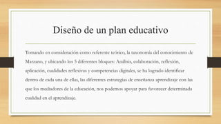 Diseño de un plan educativo 
Tomando en consideración como referente teórico, la taxonomía del conocimiento de 
Marzano, y ubicando los 5 diferentes bloques: Análisis, colaboración, reflexión, 
aplicación, cualidades reflexivas y competencias digitales, se ha logrado identificar 
dentro de cada una de ellas, las diferentes estrategias de enseñanza aprendizaje con las 
que los mediadores de la educación, nos podemos apoyar para favorecer determinada 
cualidad en el aprendizaje. 
 