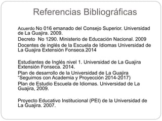 Referencias Bibliográficas 
Acuerdo No 016 emanado del Consejo Superior. Universidad 
de La Guajira. 2009. 
Decreto No 1290. Ministerio de Educación Nacional. 2009 
Docentes de inglés de la Escuela de Idiomas Universidad de 
La Guajira Extensión Fonseca.2014 
Estudiantes de Inglés nivel 1. Universidad de La Guajira 
Extensión Fonseca. 2014. 
Plan de desarrollo de la Universidad de La Guajira 
“Seguimos con Academia y Proyección 2014-2017) 
Plan de Estudio Escuela de Idiomas. Universidad de La 
Guajira, 2009. 
Proyecto Educativo Institucional (PEI) de la Universidad de 
La Guajira. 2007. 
