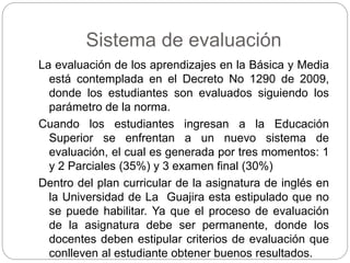 Sistema de evaluación 
La evaluación de los aprendizajes en la Básica y Media 
está contemplada en el Decreto No 1290 de 2009, 
donde los estudiantes son evaluados siguiendo los 
parámetro de la norma. 
Cuando los estudiantes ingresan a la Educación 
Superior se enfrentan a un nuevo sistema de 
evaluación, el cual es generada por tres momentos: 1 
y 2 Parciales (35%) y 3 examen final (30%) 
Dentro del plan curricular de la asignatura de inglés en 
la Universidad de La Guajira esta estipulado que no 
se puede habilitar. Ya que el proceso de evaluación 
de la asignatura debe ser permanente, donde los 
docentes deben estipular criterios de evaluación que 
conlleven al estudiante obtener buenos resultados. 
 