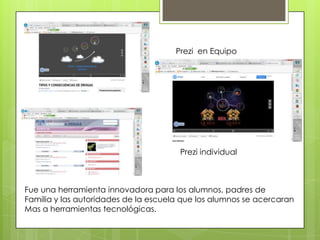 Prezi en Equipo

Prezi individual

Fue una herramienta innovadora para los alumnos, padres de
Familia y las autoridades de la escuela que los alumnos se acercaran
Mas a herramientas tecnológicas.

 