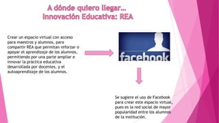 Crear un espacio virtual con acceso
para maestros y alumnos, para
compartir REA que permitan reforzar o
apoyar el aprendizaje de los alumnos,
permitiendo por una parte ampliar e
innovar la práctica educativa
desarrollada por docentes, y el
autoaprendizaje de los alumnos.
Se sugiere el uso de Facebook
para crear este espacio virtual,
pues es la red social de mayor
popularidad entre los alumnos
de la institución.
 