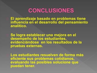 El aprendizaje basado en problemas tiene 
influencia en el desarrollo del pensamiento 
analítico. 
Se logra establecer una mejora en el 
desempeño de los estudiantes, 
evidenciándose en los resultados de la 
pruebas externas. 
Los estudiantes resuelven de forma más 
eficiente sus problemas cotidianos, 
evaluando las posibles solucione que 
puedan tener. 
 