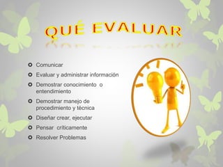  Comunicar 
 Evaluar y administrar información 
 Demostrar conocimiento o 
entendimiento 
 Demostrar manejo de 
procedimiento y técnica 
 Diseñar crear, ejecutar 
 Pensar críticamente 
 Resolver Problemas 
 