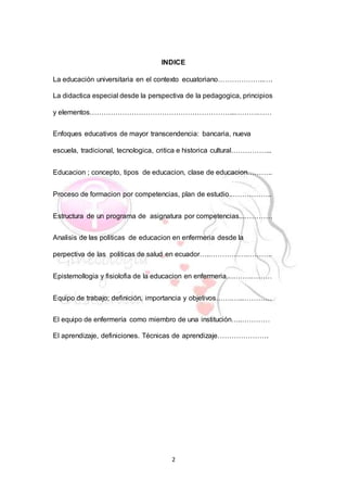2
INDICE
La educación universitaria en el contexto ecuatoriano………………..….
La didactica especial desde la perspectiva de la pedagogica, principios
y elementos……………………………………………………...……….……
Enfoques educativos de mayor transcendencia: bancaria, nueva
escuela, tradicional, tecnologica, critica e historica cultural……………...
Educacion ; concepto, tipos de educacion, clase de educacion………..
Proceso de formacion por competencias, plan de estudio..……………..
Estructura de un programa de asignatura por competencias...…………
Analisis de las politicas de educacion en enfermeria desde la
perpectiva de las politicas de salud en ecuador…..…………….………..
Epistemollogia y fisiolofia de la educacion en enfermeria….…….………
Equipo de trabajo; definición, importancia y objetivos…….…...…………
El equipo de enfermería como miembro de una institución…..…………
El aprendizaje, definiciones. Técnicas de aprendizaje………………….
 