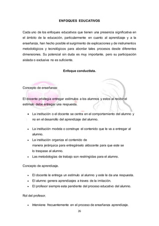 26
ENFOQUES EDUCATIVOS
Cada uno de los enfoques educativos que tienen una presencia significativa en
el ámbito de la educación, particularmente en cuanto al aprendizaje y a la
enseñanza, han hecho posible el surgimiento de explicaciones y de instrumentos
metodológicos y tecnológicos para abordar tales procesos desde diferentes
dimensiones. Su potencial sin duda es muy importante, pero su participación
aislada o exclusiva no es suficiente.
Enfoque conductista.
Concepto de enseñanza:
El docente privilegia entregar estímulos a los alumnos y estos al recibir el
estímulo debe entregar una respuesta.
 La institución o el docente se centra en el comportamiento del alumno y
no en el desarrollo del aprendizaje del alumno.
 La institución modela o construye el contenido que le va a entregar al
alumno.
 La institución organiza el contenido de
manera jerárquica para entregárselo aldocente para que este se
lo traspase al alumno.
 Las metodologías de trabajo son restringidas para el alumno.
Concepto de aprendizaje.
 El docente le entrega un estímulo al alumno y este le da una respuesta.
 El alumno genera aprendizajes a traves de la imitación.
 El profesor siempre esta pendiente del proceso educativo del alumno.
Rol del profesor.
 Interviene frecuentemente en el proceso de enseñanza aprendizaje.
 