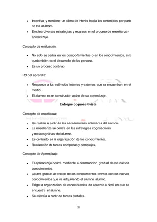 28
 Incentiva y mantiene un clima de interés hacia los contenidos por parte
de los alumnos.
 Emplea diversas estrategias y recursos en el proceso de enseñanza-
aprendizaje.
Concepto de evaluación:
 No solo se centra en los comportamientos o en los conocimientos, sino
quetambién en el desarrollo de las persona.
 Es un proceso continuo.
Rol del aprendiz:
 Responde a los estímulos internos y externos que se encuentran en el
medio.
 El alumno es un constructor activo de su aprendizaje.
Enfoque cognoscitivista.
Concepto de enseñanza:
 Se realiza a partir de los conocimientos anteriores del alumno.
 La enseñanza se centra en las estrategias cognoscitivas
y metacognitivas del alumno.
 Es centrado en la organización de los conocimientos.
 Realización de tareas completas y complejas.
Concepto de Aprendizaje:
 El aprendizaje ocurre mediante la construcción gradual de los nuevos
conocimientos.
 Ocurre gracias al enlace de los conocimientos previos con los nuevos
conocimientos que va adquiriendo el alumno alumno.
 Exige la organización de conocimientos de acuerdo a nivel en que se
encuentra el alumno.
 Se efectúa a partir de tareas globales.
 
