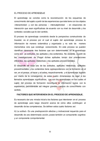 35
EL PROCESO DE APRENDIZAJE
El aprendizaje se concibe como la reconstrucción de los esquemas de
conocimiento del sujeto a partir de las experiencias que éste tiene con los objetos
-interactividad- y con las personas – intersubjetividad - en situaciones de
interacción que sean significativas de acuerdo con su nivel de desarrollo y los
contextos sociales que le dan sentido.
El proceso de aprendizaje concebido desde la perspectiva constructivista de
Ausubel, es el proceso por el cual el sujeto del aprendizaje procesa la
información de manera sistemática y organizada y no solo de manera
memorística sino que construye conocimiento. En este proceso se pueden
identificar claramente tres factores que son determinantes en el aprendizaje
como son as actitudes, las aptitudes y los contenidos. No obstante, a partir de
las investigaciones de Piaget dichas aptitudes toman dos orientaciones
diferentes, las aptitudes intelectivas y las aptitudes procedimentales.
El desarrollo de cada una de las actitudes, aptitudes intelectivas, aptitudes
procedimentales y los contenidos tiene correspondencia con la formación en el
ser, en el pensar, el hacer y el saber, respectivamente, y el aprendizaje logrado
por medio de la convergencia de estas cuatro dimensiones da lugar a los
llamados aprendizajes significativos, que son los aprendizajes en los cuales el
sujeto del proceso de formación reconfigura la información nueva con la
experiencia, permitiéndole así integrar grandes cuerpos de conocimiento con
sentido.
FACTORES QUE INTERVIENEN EN EL PROCESO DE APRENDIZAJE.
Es necesario dar una mirada inicial a los factores que intervienen en el proceso
de aprendizaje para luego discernir acerca de cómo ellos contribuyen al
desarrollo de las competencias. Se definen estos cuatro factores así:
A) La actitud.- Es una predisposición afectiva y motivacional requerida para el
desarrollo de una determinada acción, posee también un componente cognitivo
y un componente comportamental.
 