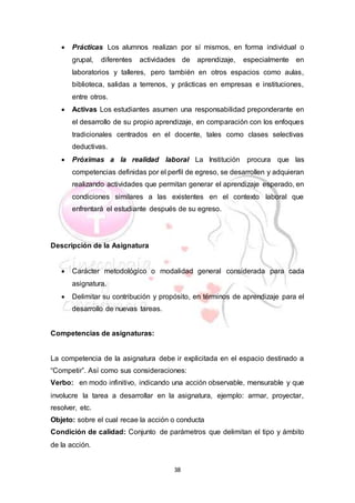 38
 Prácticas Los alumnos realizan por sí mismos, en forma individual o
grupal, diferentes actividades de aprendizaje, especialmente en
laboratorios y talleres, pero también en otros espacios como aulas,
biblioteca, salidas a terrenos, y prácticas en empresas e instituciones,
entre otros.
 Activas Los estudiantes asumen una responsabilidad preponderante en
el desarrollo de su propio aprendizaje, en comparación con los enfoques
tradicionales centrados en el docente, tales como clases selectivas
deductivas.
 Próximas a la realidad laboral La Institución procura que las
competencias definidas por el perfil de egreso, se desarrollen y adquieran
realizando actividades que permitan generar el aprendizaje esperado, en
condiciones similares a las existentes en el contexto laboral que
enfrentará el estudiante después de su egreso.
Descripción de la Asignatura
 Carácter metodológico o modalidad general considerada para cada
asignatura.
 Delimitar su contribución y propósito, en términos de aprendizaje para el
desarrollo de nuevas tareas.
Competencias de asignaturas:
La competencia de la asignatura debe ir explicitada en el espacio destinado a
“Competir”. Así como sus consideraciones:
Verbo: en modo infinitivo, indicando una acción observable, mensurable y que
involucre la tarea a desarrollar en la asignatura, ejemplo: armar, proyectar,
resolver, etc.
Objeto: sobre el cual recae la acción o conducta
Condición de calidad: Conjunto de parámetros que delimitan el tipo y ámbito
de la acción.
 