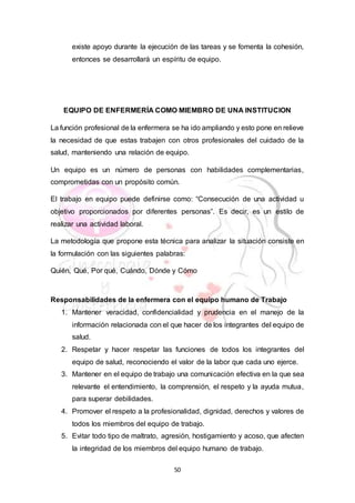 50
existe apoyo durante la ejecución de las tareas y se fomenta la cohesión,
entonces se desarrollará un espíritu de equipo.
EQUIPO DE ENFERMERÍA COMO MIEMBRO DE UNA INSTITUCION
La función profesional de la enfermera se ha ido ampliando y esto pone en relieve
la necesidad de que estas trabajen con otros profesionales del cuidado de la
salud, manteniendo una relación de equipo.
Un equipo es un número de personas con habilidades complementarias,
comprometidas con un propósito común.
El trabajo en equipo puede definirse como: “Consecución de una actividad u
objetivo proporcionados por diferentes personas”. Es decir, es un estilo de
realizar una actividad laboral.
La metodología que propone esta técnica para analizar la situación consiste en
la formulación con las siguientes palabras:
Quién, Qué, Por qué, Cuándo, Dónde y Cómo
Responsabilidades de la enfermera con el equipo humano de Trabajo
1. Mantener veracidad, confidencialidad y prudencia en el manejo de la
información relacionada con el que hacer de los integrantes del equipo de
salud.
2. Respetar y hacer respetar las funciones de todos los integrantes del
equipo de salud, reconociendo el valor de la labor que cada uno ejerce.
3. Mantener en el equipo de trabajo una comunicación efectiva en la que sea
relevante el entendimiento, la comprensión, el respeto y la ayuda mutua,
para superar debilidades.
4. Promover el respeto a la profesionalidad, dignidad, derechos y valores de
todos los miembros del equipo de trabajo.
5. Evitar todo tipo de maltrato, agresión, hostigamiento y acoso, que afecten
la integridad de los miembros del equipo humano de trabajo.
 