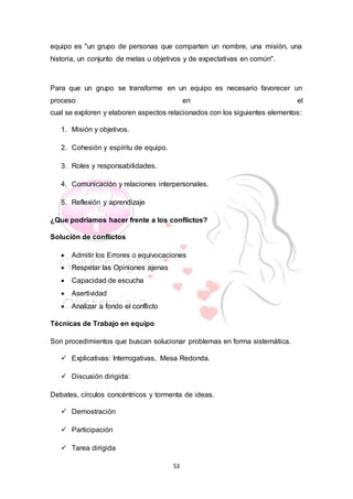 53
equipo es "un grupo de personas que comparten un nombre, una misión, una
historia, un conjunto de metas u objetivos y de expectativas en común".
Para que un grupo se transforme en un equipo es necesario favorecer un
proceso en el
cual se exploren y elaboren aspectos relacionados con los siguientes elementos:
1. Misión y objetivos.
2. Cohesión y espíritu de equipo.
3. Roles y responsabilidades.
4. Comunicación y relaciones interpersonales.
5. Reflexión y aprendizaje
¿Que podríamos hacer frente a los conflictos?
Solución de conflictos
 Admitir los Errores o equivocaciones
 Respetar las Opiniones ajenas
 Capacidad de escucha
 Asertividad
 Analizar a fondo el conflicto
Técnicas de Trabajo en equipo
Son procedimientos que buscan solucionar problemas en forma sistemática.
 Explicativas: Interrogativas, Mesa Redonda.
 Discusión dirigida:
Debates, círculos concéntricos y tormenta de ideas.
 Demostración
 Participación
 Tarea dirigida
 
