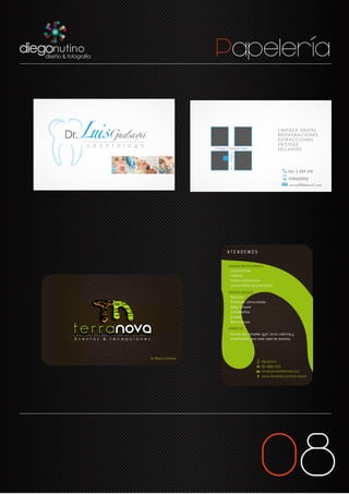 Papelería
08
Dr.
o d o n t ó l o g o
(06) 2 889 290
0984428065
correo@hotmail.com
LIMPIEZA DENTAL
RESTAURACIONES
EXTRACCIONES
PRÓTESIS
SELLANTES
Av.Napo
Pasaje Coronel Páez
 