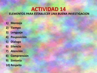 ACTIVIDAD 14
ELEMENTOS PARA ESTABLECER UNA BUENA INVESTIGACION
1) Mensaje
2) Tiempo
3) Lenguaje
4) Posposición
5) Dialogo
6) Silencio
7) Atención
8) Comprensión
9) Sintonía
10) Respeto
 