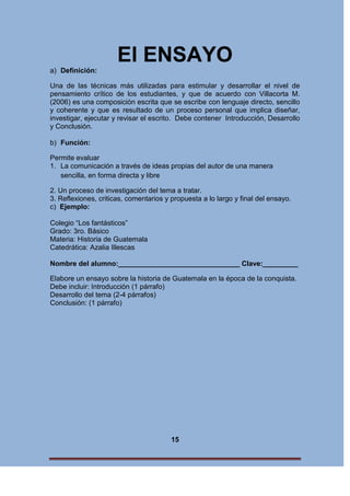 El ENSAYO
a) Definición:
Una de las técnicas más utilizadas para estimular y desarrollar el nivel de
pensamiento crítico de los estudiantes, y que de acuerdo con Villacorta M.
(2006) es una composición escrita que se escribe con lenguaje directo, sencillo
y coherente y que es resultado de un proceso personal que implica diseñar,
investigar, ejecutar y revisar el escrito. Debe contener Introducción, Desarrollo
y Conclusión.
b) Función:
Permite evaluar
1. La comunicación a través de ideas propias del autor de una manera
sencilla, en forma directa y libre
2. Un proceso de investigación del tema a tratar.
3. Reflexiones, criticas, comentarios y propuesta a lo largo y final del ensayo.
c) Ejemplo:
Colegio “Los fantásticos”
Grado: 3ro. Básico
Materia: Historia de Guatemala
Catedrática: Azalia Illescas
Nombre del alumno:_______________________________ Clave:_________
Elabore un ensayo sobre la historia de Guatemala en la época de la conquista.
Debe incluir: Introducción (1 párrafo)
Desarrollo del tema (2-4 párrafos)
Conclusión: (1 párrafo)

15

 