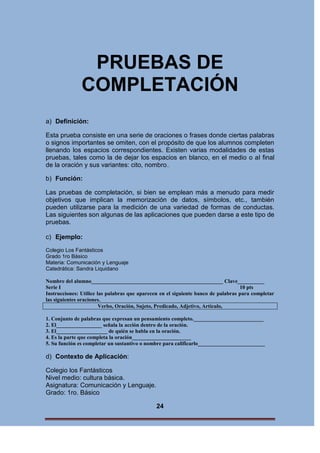 PRUEBAS DE
COMPLETACIÓN
a) Definición:
Esta prueba consiste en una serie de oraciones o frases donde ciertas palabras
o signos importantes se omiten, con el propósito de que los alumnos completen
llenando los espacios correspondientes. Existen varias modalidades de estas
pruebas, tales como la de dejar los espacios en blanco, en el medio o al final
de la oración y sus variantes: cito, nombro..
b) Función:
Las pruebas de completación, si bien se emplean más a menudo para medir
objetivos que implican la memorización de datos, símbolos, etc., también
pueden utilizarse para la medición de una variedad de formas de conductas.
Las siguientes son algunas de las aplicaciones que pueden darse a este tipo de
pruebas.
c) Ejemplo:
Colegio Los Fantásticos
Grado 1ro Básico
Materia: Comunicación y Lenguaje
Catedrática: Sandra Liquidano
Nombre del alumno_________________________________________________ Clave__________
Serie I
10 pts
Instrucciones: Utilice las palabras que aparecen en el siguiente banco de palabras para completar
las siguientes oraciones.
Verbo, Oración, Sujeto, Predicado, Adjetivo, Artículo,
1. Conjunto de palabras que expresan un pensamiento completo.__________________________
2. El_________________ señala la acción dentro de la oración.
3. El___________________ de quién se habla en la oración.
4. Es la parte que completa la oración______________________
5. Su función es completar un sustantivo o nombre para calificarlo_________________________

d) Contexto de Aplicación:
Colegio los Fantásticos
Nivel medio: cultura básica.
Asignatura: Comunicación y Lenguaje.
Grado: 1ro. Básico
24

 