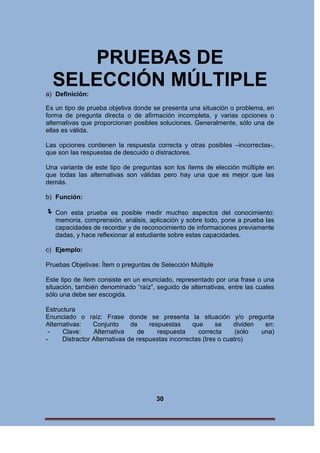 PRUEBAS DE
SELECCIÓN MÚLTIPLE
a) Definición:
Es un tipo de prueba objetiva donde se presenta una situación o problema, en
forma de pregunta directa o de afirmación incompleta, y varias opciones o
alternativas que proporcionan posibles soluciones. Generalmente, sólo una de
ellas es válida.
Las opciones contienen la respuesta correcta y otras posibles –incorrectas-,
que son las respuestas de descuido o distractores.
Una variante de este tipo de preguntas son los ítems de elección múltiple en
que todas las alternativas son válidas pero hay una que es mejor que las
demás.
b) Función:

 Con

esta prueba es posible medir muchso aspectos del conocimiento:
memoria, comprensión, análsis, aplicación y sobre todo, pone a prueba las
capacidades de recordar y de reconocimiento de informaciones previamente
dadas, y hace reflexionar al estudiante sobre estas capacidades.

c) Ejemplo:
Pruebas Objetivas: Ítem o preguntas de Selección Múltiple
Este tipo de ítem consiste en un enunciado, representado por una frase o una
situación, también denominado “raíz”, seguido de alternativas, entre las cuales
sólo una debe ser escogida.
Estructura
Enunciado o raíz: Frase donde se presenta la situación y/o pregunta
Alternativas:
Conjunto
de
respuestas
que
se
dividen
en:
Clave:
Alternativa
de
respuesta
correcta
(sólo
una)
Distractor Alternativas de respuestas incorrectas (tres o cuatro)

30

 