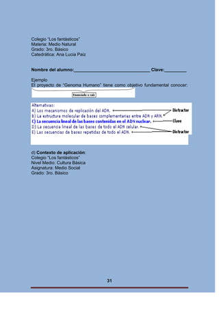 Colegio “Los fantásticos”
Materia: Medio Natural
Grado: 3ro. Básico
Catedrática: Ana Lucia Paiz

Nombre del alumno:_______________________________ Clave:_________
Ejemplo
El proyecto de “Genoma Humano” tiene como objetivo fundamental conocer:

d) Contexto de aplicación:
Colegio “Los fantásticos”
Nivel Medio: Cultura Básica
Asignatura: Medio Social
Grado: 3ro. Básico

31

 