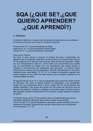 SQA (¿QUE SE?,¿QUE
QUIERO APRENDER?
,¿QUE APRENDÌ?)
a) Definición
Consiste en elaborar un cuadro que contenga tres columnas, que se utilizaran
en los tres momentos en los que se compone la técnica.
Primero es la “S” “lo que el estudiante ya Sabe”
Segundo la “Q” “Lo que el estudiante Quiere Saber”
Tercero la “A” “Lo que el estudiante a Aprendido”
Pasos de la Técnica
Se inicia el tema dando a conocer el nombre del tema a desarrollar, los
objetivos que se pretenden alcanzar y se da comienzo al primer tiempo el de la
“S” se pregunta a los alumnos que conocen sobre el tema en discusión, cuáles
son sus conocimientos sobre el y como tienen ese conocimiento (es posible
que el conocimiento lo tengan por una experiencia que pueda ayudar a
enfatizar el conocimiento que deseamos que aprendan). La técnica puede
elaborarse de manera que los estudiantes escriban directamente en el cuadro
destinado para cada tiempo “S”,”Q”,”A”; o a través de pequeños papeles que
podrán pegarse en el cuadro de cada tiempo como se puede visualizar en la
presente galería de fotos.
El segundo tiempo es la “Q” lo que es estudiante quiere aprender sobre el tema
de discusión, así como el tiempo anterior se preguntará a los estudiantes
cuáles son sus inquietudes sobre el tema, cuales son los conocimientos que
desean aprender o las dudas de porque son las cosas así del tema que se
discute; que deberán escribirse o pegarse en el cuadro según la técnica que se
allá adoptado (escribir directamente en los cuadros o pegar pequeños pedazos
de papel).
Terminado tiempo de la “Q” se procede a leer el contenido del tema que se
estudiará, realizando ejemplos claros sobre el tema en aprendizaje.
Tercer Tiempo “A” lo que el estudiante a aprendido, puede realizarse durante o
después de la lectura, siguiendo las mismas indicaciones que se efectuaron
con los tiempos “S” y “Q”.

33

 