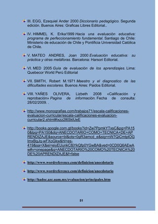 III. EGG, Ezequiel Ander 2000 Diccionario pedagógico. Segunda
edición. Buenos Aires: Graficas Libres Editorial..
IV. HIMMEL K. Erika1999 Hacia una evaluación educativa:
programa de perfeccionamiento fundamental. Santiago de Chile:
Ministerio de educación de Chile y Pontificia Universidad Católica
de Chile.
V. MATEO ANDRES, Joan 2000 Evaluación educativa: su
práctica y otras metáforas. Barcelona: Harsori Editorial.
VI. MED 2005 Guía de evaluación de los aprendizajes. Lima:
Quebecor World Perú Editorial
VII. SMITH, Robert M.1971 Maestro y el diagnostico de las
dificultades escolares. Buenos Aires: Paidos Editorial.
VIII. YAÑES OLIVERA,
reprobación» Pagina de
28/02/2009. .

Lizbeth 2008 «Calificación y
información. Fecha de consulta:

http://www.monografias.com/trabajos71/escala-calificacionesevaluacion-curricular/escala-calificaciones-evaluacioncurricular2.shtml#ixzz2l6SklUeE
http://books.google.com.gt/books?id=Zw7PpmkYTxsC&pg=PA15
0&lpg=PA150&dq=ANECDOTARIO+COMO+TECNICA+DE+AP
RENDIZAJE&source=bl&ots=0gR3amcd_e&sig=nW7QiCmtplOG
ImxBgJq-wFXoGkw&hl=es419&sa=X&ei=eiyEUunkC8jYkQfp0YGwBA&ved=0CD0Q6AEwA
w#v=onepage&q=ANECDOTARIO%20COMO%20TECNICA%20
DE%20APRENDIZAJE&f=false
http://www.wordreference.com/definicion/anecdotario
http://www.wordreference.com/definicion/anecdotario
http://hadoc.azc.uam.mx/evaluacion/principales.htm

51

 