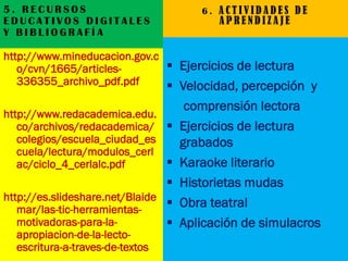 5. RECURSOS EDUCATIVOS DIGITALES Y BIBLIOGRAFÍA 
http://www.mineducacion.gov.co/cvn/1665/articles- 336355_archivo_pdf.pdf 
http://www.redacademica.edu. co/archivos/redacademica/ colegios/escuela_ciudad_escuela/lectura/modulos_cerlac/ciclo_4_cerlalc.pdf 
http://es.slideshare.net/Blaidemar/las-tic-herramientas- motivadoras-para-la- apropiacion-de-la-lecto- escritura-a-traves-de-textos 
6. ACTIVIDADES DE APRENDIZAJE 
Ejercicios de lectura 
Velocidad, percepción y 
comprensión lectora 
Ejercicios de lectura grabados 
Karaoke literario 
Historietas mudas 
Obra teatral 
Aplicación de simulacros 
 