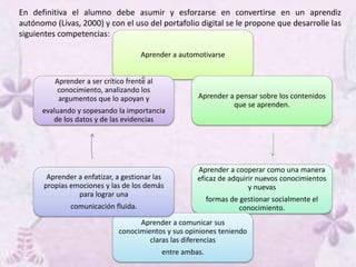 En definitiva el alumno debe asumir y esforzarse en convertirse en un aprendiz
autónomo (Livas, 2000) y con el uso del portafolio digital se le propone que desarrolle las
siguientes competencias:
Aprender a automotivarse
Aprender a pensar sobre los contenidos
que se aprenden.
Aprender a cooperar como una manera
eficaz de adquirir nuevos conocimientos
y nuevas
formas de gestionar socialmente el
conocimiento.
Aprender a comunicar sus
conocimientos y sus opiniones teniendo
claras las diferencias
entre ambas.
Aprender a enfatizar, a gestionar las
propias emociones y las de los demás
para lograr una
comunicación fluida.
Aprender a ser crítico frente al
conocimiento, analizando los
argumentos que lo apoyan y
evaluando y sopesando la importancia
de los datos y de las evidencias
 