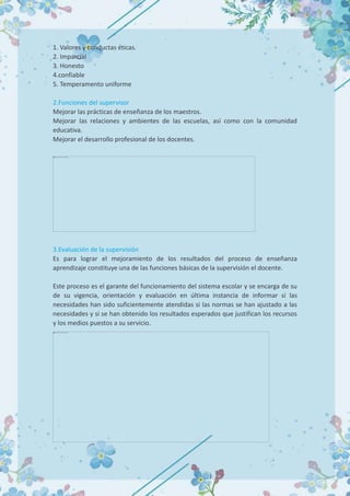 1. Valores y conductas éticas.
2. Imparcial
3. Honesto
4.confiable
5. Temperamento uniforme
2.Funciones del supervisor
Mejorar las prácticas de enseñanza de los maestros.
Mejorar las relaciones y ambientes de las escuelas, así como con la comunidad
educativa.
Mejorar el desarrollo profesional de los docentes.
3.Evaluación de la supervisión
Es para lograr el mejoramiento de los resultados del proceso de enseñanza
aprendizaje constituye una de las funciones básicas de la supervisión el docente.
Este proceso es el garante del funcionamiento del sistema escolar y se encarga de su
de su vigencia, orientación y evaluación en última instancia de informar si las
necesidades han sido suficientemente atendidas si las normas se han ajustado a las
necesidades y si se han obtenido los resultados esperados que justifican los recursos
y los medios puestos a su servicio.
 