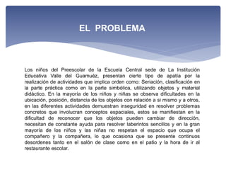 Los niños del Preescolar de la Escuela Central sede de La Institución
Educativa Valle del Guamuéz, presentan cierto tipo de apatía por la
realización de actividades que implica orden como: Seriación, clasificación en
la parte práctica como en la parte simbólica, utilizando objetos y material
didáctico. En la mayoría de los niños y niñas se observa dificultades en la
ubicación, posición, distancia de los objetos con relación a si mismo y a otros,
en las diferentes actividades demuestran inseguridad en resolver problemas
concretos que involucran conceptos espaciales, estos se manifiestan en la
dificultad de reconocer que los objetos pueden cambiar de dirección,
necesitan de constante ayuda para resolver laberintos sencillos y en la gran
mayoría de los niños y las niñas no respetan el espacio que ocupa el
compañero y la compañera, lo que ocasiona que se presente continuos
desordenes tanto en el salón de clase como en el patio y la hora de ir al
restaurante escolar.
EL PROBLEMA
 