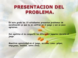  En este grado los 10 estudiantes presentan problemas de 
socialización ya que no se centran en el juego y son un poco 
agresivos. 
 Son egoístas al no compartir los diferentes juguetes durante el 
juego. 
 Muestran agresividad en el juego, acciones como: golpes, 
empujones, insultos, entre otros. 
 