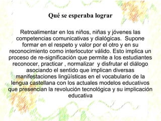 Qué se esperaba lograr 
Retroalimentar en los niños, niñas y jóvenes las 
competencias comunicativas y dialógicas. Supone 
formar en el respeto y valor por el otro y en su 
reconocimiento como interlocutor válido. Esto implica un 
proceso de re-significación que permite a los estudiantes 
reconocer, practicar , normalizar y disfrutar el diálogo 
asociando el sentido que implican diversas 
manifestaciones lingüísticas en el vocabulario de la 
lengua castellana con los actuales modelos educativos 
que presencian la revolución tecnológica y su implicación 
educativa 
 