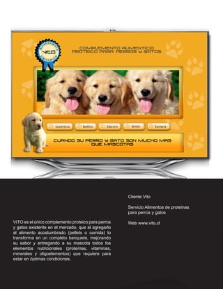 Cliente Vito

                                                    Servicio Alimentos de proteinas
                                                    para perros y gatos

VITO es el único complemento proteico para perros   Web www.vito.cl
y gatos existente en el mercado, que al agregarlo
al alimento acostumbrado (pellets o comida) lo
transforma en un completo banquete, mejorando
su sabor y entregando a su mascota todos los
elementos nutricionales (proteínas, vitaminas,
minerales y oligoelementos) que requiere para
estar en óptimas condiciones.
 