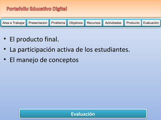 Area a Trabajar Presentacion Problema Objetivos Recursos Actividades PPPrrrooobbbllleeemmmaaa OOObbbjjjeeetttiiivvvooosss RRRReeeeccccuuuurrrrssssoooossss AAAAAccccctttttiiiiivvvvviiiiidddddaaaaadddddeeeeesssss PPPPPPPrrrrrrroooooooddddddduuuuuuuccccccctttttttooooooo Evaluación 
• El producto final. 
• La participación activa de los estudiantes. 
• El manejo de conceptos 
Evaluación 
