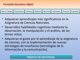 Area a Trabajar Presentacion Problema Objetivos Recursos Actividades PPPrrrooobbbllleeemmmaaa OOObbbjjjeeetttiiivvvooosss RRRReeeeccccuuuurrrrssssoooossss AAAAAccccctttttiiiiivvvvviiiiidddddaaaaadddddeeeeesssss PPPPPPPrrrrrrroooooooddddddduuuuuuuccccccctttttttooooooo Evaluación 
• Adquieran aprendizajes más significativos en la 
Asignatura de Ciencias Naturales. 
• Desarrollen habilidades cognitivas mediante la 
observación, la manipulación y el análisis, de los 
temas vistos. 
• Adquieran el gusto por el aprendizaje de la asignatura 
de ciencias, con la implementación de nuevas 
estrategias de enseñanza (tecnologías de la 
información y la comunicación). 
Objetivos de Aprendizaje 
 