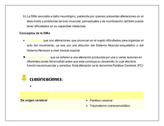 b) La DMo asociada a daño neurológico, padecida por quienes presentan alteraciones en el
área motriz y problemas de tono muscular, perceptuales y de coordinación; también puede
tener dificultades en su capacidad intelectual.
Conceptos de la DMo
 Tx motores: que son alteraciones que provocan en el sujeto dificultades para organizar el
acto del movimiento, ya sea por una afección del Sistema Musculo-esquelético o del
Sistema Nervioso a nivel medula espinal.
 Tx neuromotores:que se refierena una alteración producida por una o varias lesiones en
diferentes zonas del encéfalo antes que este concluya su desarrollo,lo cual afecta la
función neuromuscular y sensitiva. Esta alteración se le denomina Parálisis Cerebral. (PC)
Clasificaciones:

Diferencias Motoras En Función A Su Origen
De origen cerebral  Parálisis cerebral
 Traumatismo craneoencefálico
 