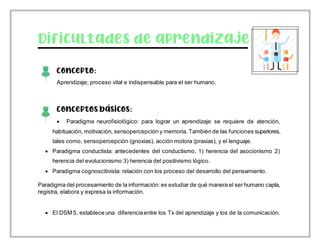 Dificultades de aprendizaje
Concepto:
Aprendizaje; proceso vital e indispensable para el ser humano.
Conceptos básicos:
 Paradigma neurofisiológico: para lograr un aprendizaje se requiere de atención,
habituación, motivación, sensopercepción y memoria. También de las funciones superiores,
tales como, sensopercepción (gnoxias), acción motora (praxias), y el lenguaje.
 Paradigma conductista: antecedentes del conductismo, 1) herencia del asocionismo 2)
herencia del evolucionismo 3) herencia del positivismo lógico.
 Paradigma cognoscitivista: relación con los proceso del desarrollo del pensamiento.
Paradigma del procesamiento de la información: es estudiar de qué manera el ser humano capta,
registra, elabora y expresa la información.
 El DSM 5, establece una diferenciaentre los Tx del aprendizaje y los de la comunicación.
 