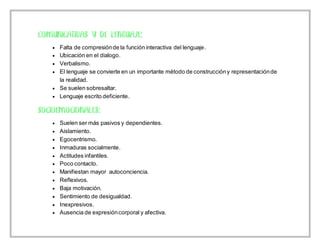  Falta de compresiónde la función interactiva del lenguaje.
 Ubicación en el dialogo.
 Verbalismo.
 El lenguaje se convierte en un importante método de construccióny representaciónde
la realidad.
 Se suelen sobresaltar.
 Lenguaje escrito deficiente.
 Suelen ser más pasivos y dependientes.
 Aislamiento.
 Egocentrismo.
 Inmaduras socialmente.
 Actitudes infantiles.
 Poco contacto.
 Manifiestan mayor autoconciencia.
 Reflexivos.
 Baja motivación.
 Sentimiento de desigualdad.
 Inexpresivos.
 Ausencia de expresióncorporal y afectiva.
 