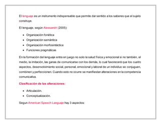 El lenguaje es un instrumento indispensable que permite dar sentido a los saberes que el sujeto
construye.
El lenguaje, según Alessandri (2005):
 Organización fonética
 Organización semántica
 Organización morfosintáctica
 Funciones pragmáticas
En la formación del lenguaje entra en juego no solo la salud física y emocional si no también, el
medio, la imitación, las ganas de comunicarse con los demás, lo cual favorecerá que los cuatro
aspectos, desenvolvimiento social, personal, emocional y laboral de un individuo se conjuguen,
combinen y perfeccionen. Cuando esto no ocurre se manifiestan alteraciones en la competencia
comunicativa.
Clasificación de las alteraciones:
 Articulación.
 Conceptualización.
Segun American Speech Languaje hay 3 aspectos:
 