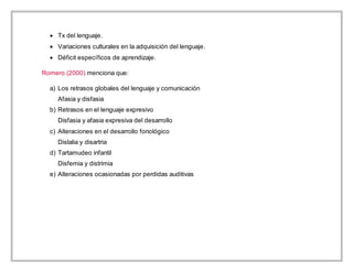  Tx del lenguaje.
 Variaciones culturales en la adquisición del lenguaje.
 Déficit específicos de aprendizaje.
Romero (2000) menciona que:
a) Los retrasos globales del lenguaje y comunicación
Afasia y disfasia
b) Retrasos en el lenguaje expresivo
Disfasia y afasia expresiva del desarrollo
c) Alteraciones en el desarrollo fonológico
Dislalia y disartria
d) Tartamudeo infantil
Disfemia y distrimia
e) Alteraciones ocasionadas por perdidas auditivas
 