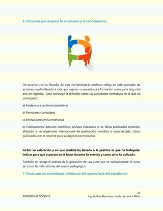 6. Esfuerzos por mejorar la enseñanza y el conocimiento

De acuerdo con la filosofía de esta herramienta,el profesor refleja en este apartado las
acciones que ha llevado a cabo pormejorar su enseñanza y formación antes ya lo largo del
año en vigencia. Aquí seincluye la reflexión sobre las actividades formativas en la que ha
participado:
a) Asistencia a conferencias/talleres
b) Revisiones curriculares
c) Innovaciones en la enseñanza
d) Publicaciones: artículos científicos, revistas indexadas o no, libros publicados recientes,
afiliación a un organismo internacional de publicación científica o especializada. Libros
publicados por el docente para su asignatura (módulos).

Incluir su valoración y en qué medida ha llevado a la práctica lo que ha trabajado.
Indicar para que aspectos en la labor docente ha servido y como se lo ha aplicado.
También se recoge el análisis de la grabación de una clase que se realizadurante el curso,
así como las valoraciones del asesor pedagógico.

7. Productos de aprendizaje (evidencia del aprendizaje del estudiante)

PORTAFOLIO DOCENTE

21
Ing. Andrea Basantes – Lcda. Verónica Melo

 