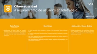 Ciberseguridad
Aseguramiento de usuarios en teletrabajo
• Actualmente la mayor parte de clientes
exponen muchos de sus servicios al internet
por lo que se hace necesario se disponga de
un único inicio de sesión con autenticación
multifactor.
• El inicio de sesión único simplifica el acceso a sus aplicaciones desde cualquier
lugar.
• El acceso condicional y la autenticación multifactor ayudan a proteger y controlar
el acceso.
• Una única plataforma de identidades le permite interactuar con usuarios internos y
externos de forma más segura.
• Las herramientas de desarrollo permiten integrar fácilmente la identidad en sus
aplicaciones y servicios.
• Clientes que busquen una supervisión centrada
en la identidad y control de las acciones del
usuario a través del acceso condicional y de
nuestro proxy inverso.
Pain Points
(Puntos de Dolor)
Beneficios Aplicación / Casos de Uso
 