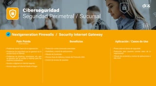 Ciberseguridad
Seguridad Perimetral / Sucursal
Nextgeneration Firewalls / Security Internet Gateway
• Problemas desde fuera de la organización.
• Problemas de seguridad que se generan en el
acceso hacia el internet.
• Problemas de phishing, ramsoware, etc. que
se generan por el acceso a internet para los
usuarios corporativos.
• Acceso a páginas en internet seguras.
• Acceso seguro al internet desde el hogar.
• Protección contra amenazas avanzadas.
• Visibilidad y control de aplicaciones.
• Filtrado de Contenido.
• Primera línea de defensa a través del Protocolo DNS.
• Control de acceso de usuarios.
• Primer paso en temas de seguridad.
• Protección para usuarios cuando salen de la
organización.
• Filtrado de contenido y control de aplicaciones a
alto nivel.
Pain Points
(Puntos de Dolor)
Beneficios Aplicación / Casos de Uso
 