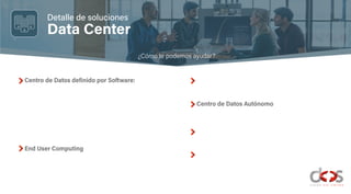 Data Center
Detalle de soluciones
End User Computing
Centro de Datos Autónomo
¿Cómo te podemos ayudar?
Centro de Datos definido por Software:
 
