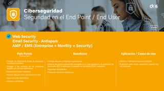Ciberseguridad
Seguridad en el End Point / End User
Web Security
Email Security - Antispam
AMP / EMS (Entreprise + Movility + Security)
• Proteger los dispositivos finales de amenazas
avanzadas (malware)
• Proteger a los usuarios de las amenazas
llegadas por correos electrónicos.
• Dispositivos finales infectados.
• Prevenir ataques como ramsomware boots.
• Spam en correo electrónico.
• Ataques a servidores.
• Detenga ataques y simplifique operaciones.
• Antivirus de próxima generación entregado en la nube, plataforma de protección de
terminales (EPP) y detección y respuesta de terminales (EDR) avanzadas.
• Seguridad retrospectiva.
• Protección de correo electrónico.
• Antivirus / Antimalware para el Endpoint.
• Protección para correo electrónico cuando hay
una amenaza.
Pain Points
(Puntos de Dolor)
Beneficios Aplicación / Casos de Uso
 