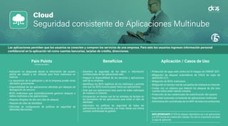 Cloud
End User Computing
Virtualización de Escritorios
• Desarrollar una app segura puede tomar varios meses sin llegar a
un óptimo nivel de seguridad.
• Una empresa necesita ser disruptiva y poner en el mercado nuevos
productos y servicios ágilmente.
• El 85% de apps no están protegidas contra uno o más riesgos del
Top 10 de OWASP.
• Las apps que permiten pagos con tarjeta de crédito deben cumplir
los estándares PCI DSS (Payment Card Industry Data Security
Standard) para certificar la seguridad de sus transacciones.
• Los equipos de desarrollo humanos crean aplicaciones seguras
según su conocimiento y experiencia dejando brechas abiertas.
• Los hackers utilizan herramientas automatizadas que generan
nuevas formas de ataque de modo que la app puede quedar
rápidamente obsoleta en sus protecciones.
• Optimizar el tiempo de la salida a producción de nuevos servicios
o funcionalidades en las apps móviles.
• Aseguramiento de las apps móviles contra los 10 riesgos de
OWASP Mobile en pocos minutos.
• Herramienta que asegure las apps móviles sin que esto signifique
más tiempo de programación.
• Cumplimiento de estándares PCI DSS en las apps móviles.
• Incrementar el nivel de seguridad de las apps móviles a través
del aprendizaje de máquina de una plataforma de desarrollo
basada en IA (Inteligencia Artificial)
• Descargar tareas de programación de seguridad a los equipos de
desarrollo de apps permitiendo que su foco sea la funcionalidad
de los servicios móviles.
• El desarrollo seguro de aplicaciones toma un
tiempo considerable en el rango de varios meses
por lo que se asegura las aplicaciones móviles a
través de inteligencia artificial y aprendizaje de
máquina, sin programación manual.
• Asegurar las apps con el contexto de seguridad
más reciente posible sin que esto impacte el
tiempo de salida a producción.
Pain Points
(Puntos de Dolor)
Beneficios Aplicación / Casos de Uso
Cloud
Seguridad consistente de Aplicaciones Multinube
• Aplicación no asegurada donde la información del usuario
podría ser robada y ser utilizada para fines maliciosos en
Internet.
• La reputación de la aplicación y de la empresa puede verse
afectados gravemente.
• Disponibilidad de las aplicaciones afectada por ataques de
denegación de servicio.
• BOTs maliciosos que automáticamente generan ataques o
tráfico malicioso a las aplicaciones.
• Ataques dirigidos de día cero (día de ataque).
• Ataques de robo de identidad.
• Dificultad de configuración de políticas de seguridad de
diferentes fabricantes.
• Garantice la seguridad de los datos e información
confidenciales de las aplicaciones web.
• Asegure la disponibilidad de los servicios y aplicaciones
web de su empresa.
• Identifique los BOTs legítimos de los maliciosos y permita
solo que los BOTs buenos pasen hacia sus aplicaciones.
• Evite que sus aplicaciones sean parte de redes maliciosas
de malware en Internet.
• Encriptación en tiempo real de las entradas de teclado en
los formularios de las aplicaciones para evitar el robo de
identidad.
• Administre las políticas de seguridad de todas las
aplicaciones, en las premisas y en nube, desde una misma
consola centralizada de gestión.
• Protección de apps web contra los 10 riesgos de OWASP 2017.
• Mitigación de ataques automáticos de DDoS de capa de
aplicación (L7).
• Mitigación de BOTs maliciosos.
• Mitigación en tiempo real de campañas de malware en Internet.
• Contar con un sistema que detecte los ataques de día cero
cuando estos están siendo creados.
• Protección de las credenciales de autenticación del usuario.
• Seguridad avanzada consistente de aplicaciones multinube.
• Administración centralizada de los WAF de todos los ambientes.
Pain Points
(Puntos de Dolor)
Beneficios Aplicación / Casos de Uso
Las aplicaciones permiten que los usuarios se conecten y compren los servicios de una empresa. Para esto los usuarios ingresan información personal
confidencial en la aplicación tal como cuentas bancarias, tarjetas de crédito, direcciones.
DATO INTERESANTE: El 53% de ataques cibernéticos son a las aplicaciones
y el 33% involucran credenciales robadas. Por esto es importante encriptar
la capa de aplicación.
 