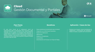 Cloud
End User Computing
Virtualización de Escritorios
• Desarrollar una app segura puede tomar varios meses sin llegar a
un óptimo nivel de seguridad.
• Una empresa necesita ser disruptiva y poner en el mercado nuevos
productos y servicios ágilmente.
• El 85% de apps no están protegidas contra uno o más riesgos del
Top 10 de OWASP.
• Las apps que permiten pagos con tarjeta de crédito deben cumplir
los estándares PCI DSS (Payment Card Industry Data Security
Standard) para certificar la seguridad de sus transacciones.
• Los equipos de desarrollo humanos crean aplicaciones seguras
según su conocimiento y experiencia dejando brechas abiertas.
• Los hackers utilizan herramientas automatizadas que generan
nuevas formas de ataque de modo que la app puede quedar
rápidamente obsoleta en sus protecciones.
• Optimizar el tiempo de la salida a producción de nuevos servicios
o funcionalidades en las apps móviles.
• Aseguramiento de las apps móviles contra los 10 riesgos de
OWASP Mobile en pocos minutos.
• Herramienta que asegure las apps móviles sin que esto signifique
más tiempo de programación.
• Cumplimiento de estándares PCI DSS en las apps móviles.
• Incrementar el nivel de seguridad de las apps móviles a través
del aprendizaje de máquina de una plataforma de desarrollo
basada en IA (Inteligencia Artificial)
• Descargar tareas de programación de seguridad a los equipos de
desarrollo de apps permitiendo que su foco sea la funcionalidad
de los servicios móviles.
• El desarrollo seguro de aplicaciones toma un
tiempo considerable en el rango de varios meses
por lo que se asegura las aplicaciones móviles a
través de inteligencia artificial y aprendizaje de
máquina, sin programación manual.
• Asegurar las apps con el contexto de seguridad
más reciente posible sin que esto impacte el
tiempo de salida a producción.
Pain Points
(Puntos de Dolor)
Beneficios Aplicación / Casos de Uso
Cloud
Gestión Documental y Portales
• En este nuevo mundo de la colaboración social, las
organizaciones están re-examinando cómo funcionan y están
buscando formas de sacar provecho de las nuevas eficiencias
originadas por la agilidad y la movilidad. Estas eficiencias se
pueden obtener mediante el intercambio de conocimientos y el
trabajo en equipo, lo que acelera el aprendizaje y proporciona
una experiencia de conexión que empodera a equipos de trabajo
para hacer mejor las cosas.
• Nueva arquitectura de información para la Intranet.
• Integración con la Red Social Corporativa.
• Espacio de colaboración.
• Aplicaciones.
• Gobierno y Cumplimiento.
• Intranet Móvil.
• Automatización de Procesos con Flujos de Trabajo.
• Empresas que busquen nuevas herramientas de
colaboración y comunicación que facilitarán el
trabajo en equipo y la gestión del conocimiento
Pain Points
(Puntos de Dolor)
Beneficios Aplicación / Casos de Uso
 