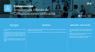 Colaboración
End User Computing
Virtualización de Escritorios
• Desarrollar una app segura puede tomar varios meses sin llegar
a un óptimo nivel de seguridad.
• Una empresa necesita ser disruptiva y poner en el mercado
nuevos productos y servicios ágilmente.
• El 85% de apps no están protegidas contra uno o más riesgos
del Top 10 de OWASP.
• Las apps que permiten pagos con tarjeta de crédito deben
cumplir los estándares PCI DSS (Payment Card Industry
Data Security Standard) para certificar la seguridad de sus
transacciones.
• Los equipos de desarrollo humanos crean aplicaciones seguras
según su conocimiento y experiencia dejando brechas abiertas.
• Los hackers utilizan herramientas automatizadas que generan
nuevas formas de ataque de modo que la app puede quedar
rápidamente obsoleta en sus protecciones.
• Optimizar el tiempo de la salida a producción de nuevos servicios o
funcionalidades en las apps móviles.
• Aseguramiento de las apps móviles contra los 10 riesgos de OWASP
Mobile en pocos minutos.
• Herramienta que asegure las apps móviles sin que esto signifique
más tiempo de programación.
• Cumplimiento de estándares PCI DSS en las apps móviles.
• Incrementar el nivel de seguridad de las apps móviles a través del
aprendizaje de máquina de una plataforma de desarrollo basada en
IA (Inteligencia Artificial)
• Descargar tareas de programación de seguridad a los equipos de
desarrollo de apps permitiendo que su foco sea la funcionalidad de
los servicios móviles.
• El desarrollo seguro de aplicaciones toma un
tiempo considerable en el rango de varios meses
por lo que se asegura las aplicaciones móviles a
través de inteligencia artificial y aprendizaje de
máquina, sin programación manual.
• Asegurar las apps con el contexto de seguridad
más reciente posible sin que esto impacte el
tiempo de salida a producción.
Pain Points
(Puntos de Dolor)
Beneficios Aplicación / Casos de Uso
Colaboración
Arquitectura Híbrida de
Comunicaciones Unificadas
• Unir soluciones con la nube para trabajo
remoto.
• La calidad del video y audio en una solución de
colaboración en la nube dependen del acceso
al internet. Para mejorar esta experiencia es
posible manejar los recursos de manera on
Premise.
• Equipos de telepresencia vigentes que desean
integrar una solución de conferencia en la
nube.
• Comunicar sus productos en premisas con los productos de la nube y tener una sola
plataforma de comunicaciones.
• Tener la mejor experiencia en comunicaciones en la nube y con equipos on premise.
• Si el cliente ya tiene una solución de Telepresencia
pero desea también tener los beneficios de la
nube.
• Cuando el cliente tiene salas de telepresencia y
desea integrar esas salas a la nube.
• Cuando se tiene un sistema de telefonía y se
desea integrar para llamadas en la Nube.
Pain Points
(Puntos de Dolor)
Beneficios Aplicación / Casos de Uso
 