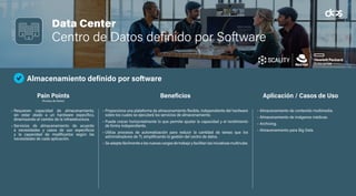 Data Center
Centro de Datos definido por Software
Almacenamiento definido por software
• Requieren capacidad de almacenamiento,
sin estar atado a un hardware específico,
dinamizando el cambio de la infraestructura.
• Servicios de almacenamiento de acuerdo
a necesidades y casos de uso específicos
y la capacidad de modificarlos según las
necesidades de cada aplicación.
• Proporciona una plataforma de almacenamiento flexible, independiente del hardware
sobre los cuales se ejecutará los servicios de almacenamiento.
• Puede crecer horizontalmente lo que permite ajustar la capacidad y el rendimiento
de forma independiente.
• Utiliza procesos de automatización para reducir la cantidad de tareas que los
administradores de TI, simplificando la gestión del centro de datos.
• Se adapta fácilmente a las nuevas cargas de trabajo y facilitan las iniciativas multinube.
• Almacenamiento de contenido multimedia.
• Almacenamiento de imágenes médicas.
• Archiving.
• Almacenamiento para Big Data.
Pain Points
(Puntos de Dolor)
Beneficios Aplicación / Casos de Uso
 
