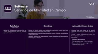 Software
Servicios de Movilidad en Campo
• Ayuda con la operación de los servicios en
campo administrándolos desde su solicitud,
ejecución y cierre.
• Permite una óptima gestión de las solicitudes de servicio en campo dando una
respuesta oportuna reduciendo así los costos.
• Mejora la experiencia de los clientes ya que esta solución puede ser utilizada desde
un dispositivo móvil.
• Facilita el trabajo de los especialistas en campo entregando toda la información
necesaria para la atención.
• Empresas que como parte de su negocio
entreguen servicios a sus clientes en campo o
internos.
• Soporte y gestión para todos los usuarios que
hacen trabajo en campo.
• Por ejemplo:
- Asignación de especialista.
- Ruta óptima para llegar al punto de trabajo.
- Contacto del cliente y datos en general del
trabajo que debe cumplir.
Pain Points
(Puntos de Dolor)
Beneficios Aplicación / Casos de Uso
 