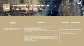 Soluciones Complementarias
Facturación Electrónica
• Empresas que requieran facturación
electrónica segura.
• Alta transaccionabilidad y disponibilidad de
documentos grabados con tributo.
• Integración con cualquier sistema ERP SAP – DYNAMICS – CAIRO – ADVANCE.
• Conversión de cualquier documento .TXT, .DBF .XLSX, .XLS a formato Xml.
• Soporta un alto nivel de transaccionalidad.
• Permite generar de ser necesario varias facturas a la vez.
• Un solo repositorio para recibir y emitir facturas que generar un mejor uso del tiempo
de sus empleados.
• Flow de trabajo: Integración y automatización de procesos de liquidación de compra.
• Reportería: Integración con Power BI para la generación de un Dashboard de
reportería gerencial o comercial
• Facturación Electrónica Flexible: Paquete personalizado para personas que requieran
menos de 100 facturas, incluye certificado digital para validación en el SRI.
• Facturación Segura: Basado en arquitectura protegida para evitar robos de
información crítica.
• Una buena experiencia digital:
• Personalización dinámica del formato del documento tributario.
• Se puede tener un repositorio de los documentos
de recepción y emisión para un mejor control y
gestión del área financiera.
• Pueden convertir varios archivos en formato XML.
• Permite automatizar e integrar los diferentes
procesos de la empresa.
• Para empresas o personas naturales.
Pain Points
(Puntos de Dolor)
Beneficios Aplicación / Casos de Uso
 
