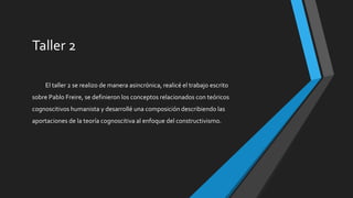 Taller 2
El taller 2 se realizo de manera asincrónica, realicé el trabajo escrito
sobre Pablo Freire, se definieron los conceptos relacionados con teóricos
cognoscitivos humanista y desarrollé una composición describiendo las
aportaciones de la teoría cognoscitiva al enfoque del constructivismo.
 